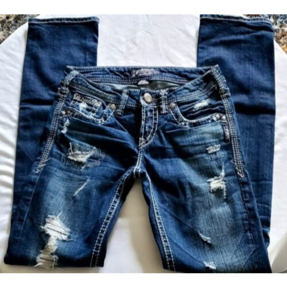 Silver Aiko Baby Boot Jeans Size 25X33 Heavy Stitch Destroyed Ripped Stretch - Picture 2 of 7